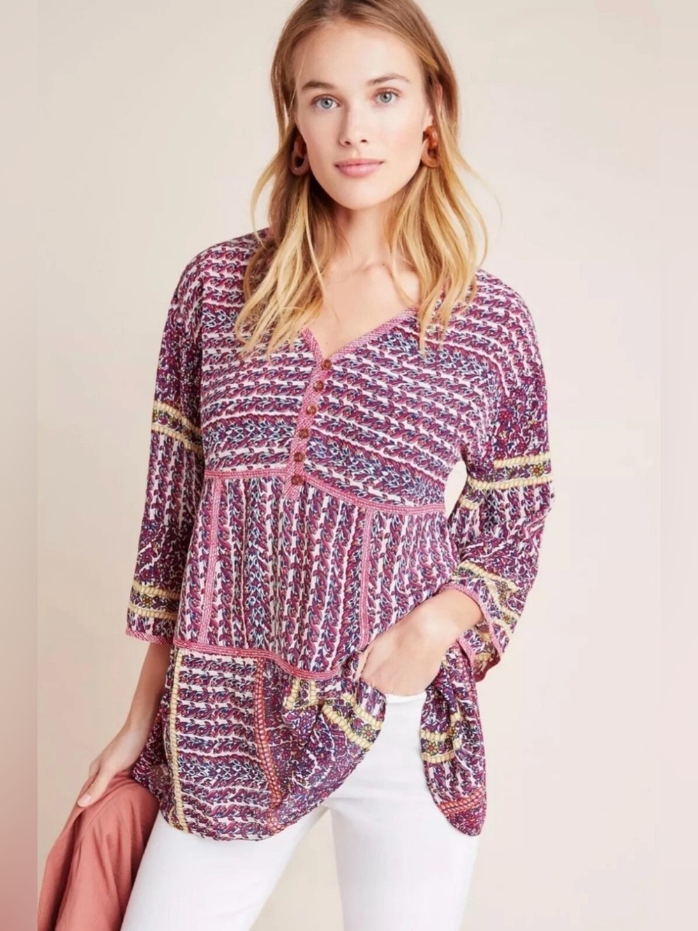 MAEVE Anthropologie Lilyana Silk Tiered Boho Tunic Top Blouse XS/S Hippie Luxe